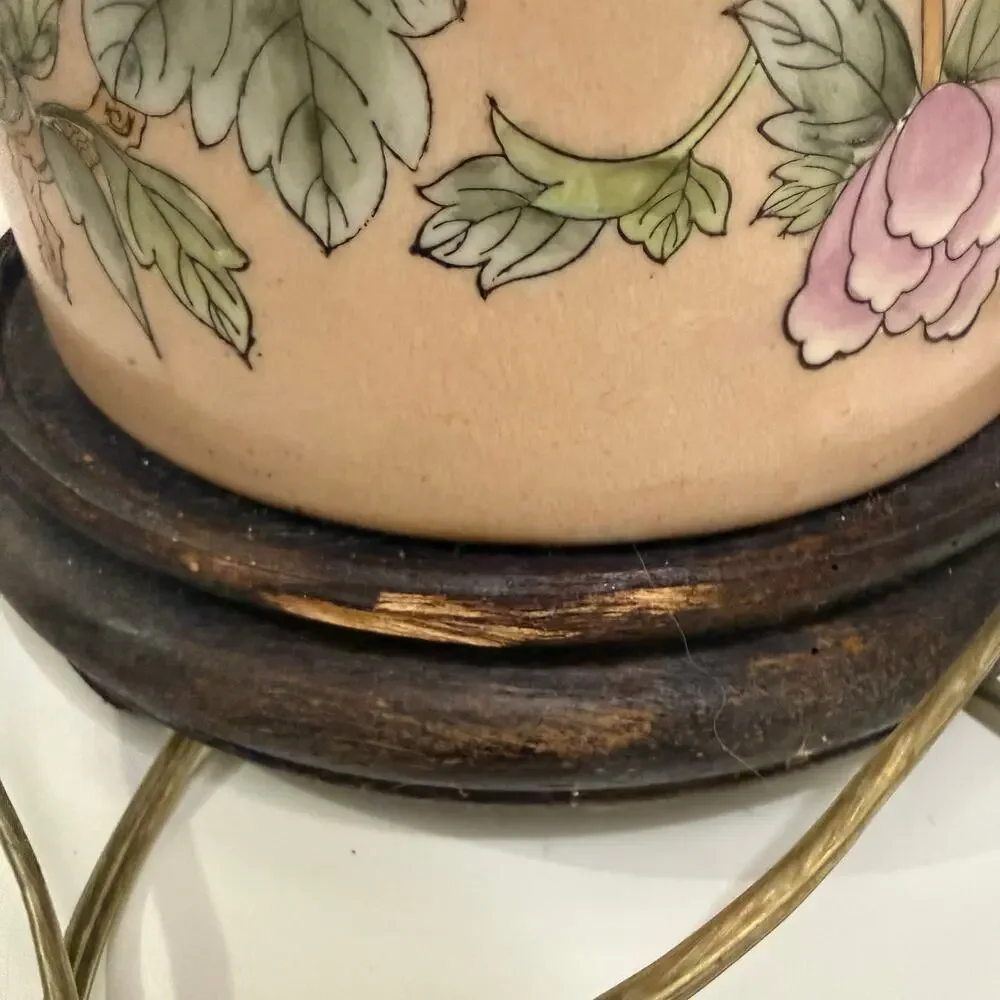 Chinese Ginger Jar Table Lamp Enamel Porcelain Pink Floral Bird Chinoiserie
